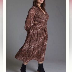 NWT Anthropologie Ranna Gill Printed Cut-Out Midi Dress Large, Animal Print